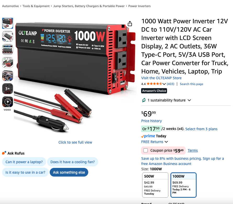 1000 Watt Power Inverter 12V DC to 110V/120V AC Car Inverter with LCD Screen