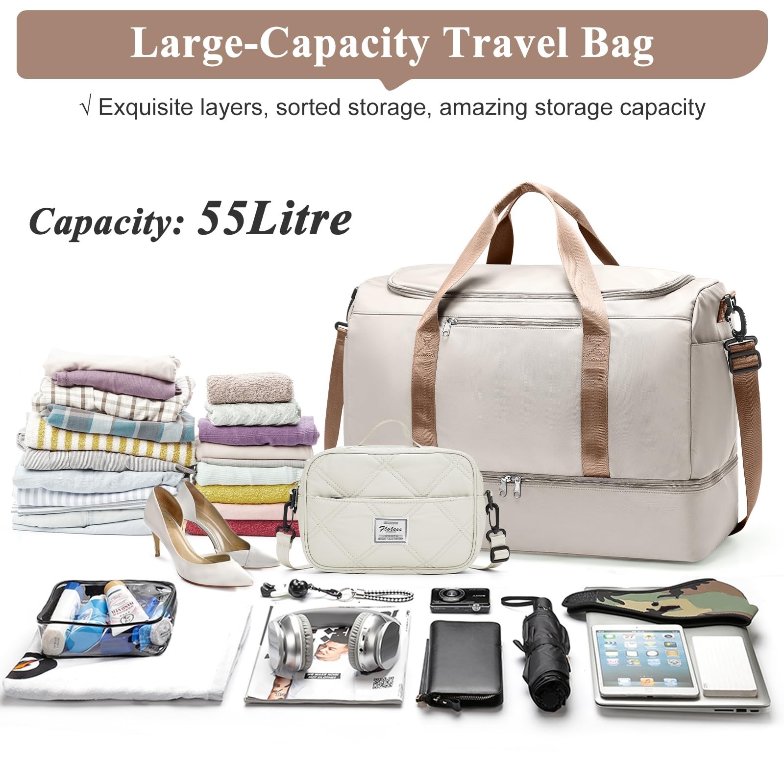 Extra Large Travel Duffle Bag,Carry on Overnight Bag with Shoes Compartment,W…
