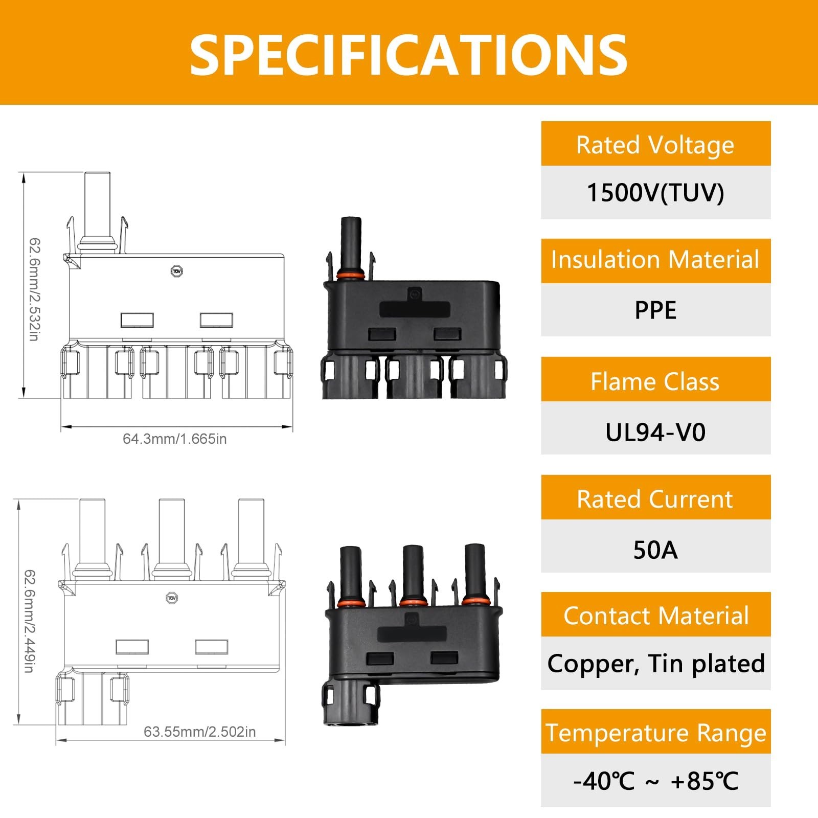 Solar Branch Connector, IP68 Waterproof 1500V 50A Solid Copper Terminal,FMMM+…