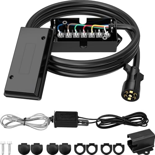 RVGUARD 7 Way 8 Foot Trailer Cord with 7 Gang Junction Box Ki | 12V Breakaway
