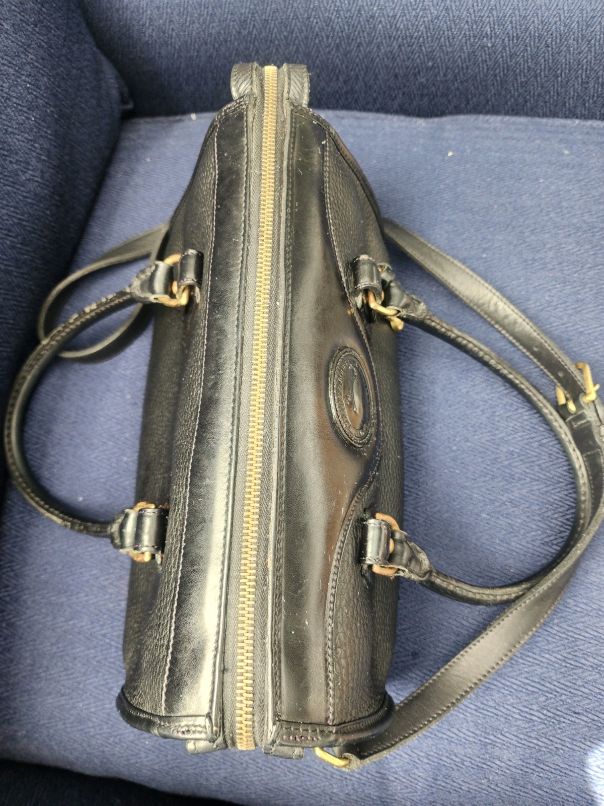 Dooney & Bourke Black Pebbled Satchel Bag with Detachable Strap, Zipper, Logo