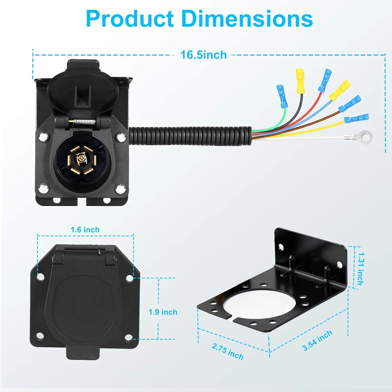 Premium 7 Pin Trailer Connector with Mounting Bracket，Heavy-Duty 7 Pin Trailer P