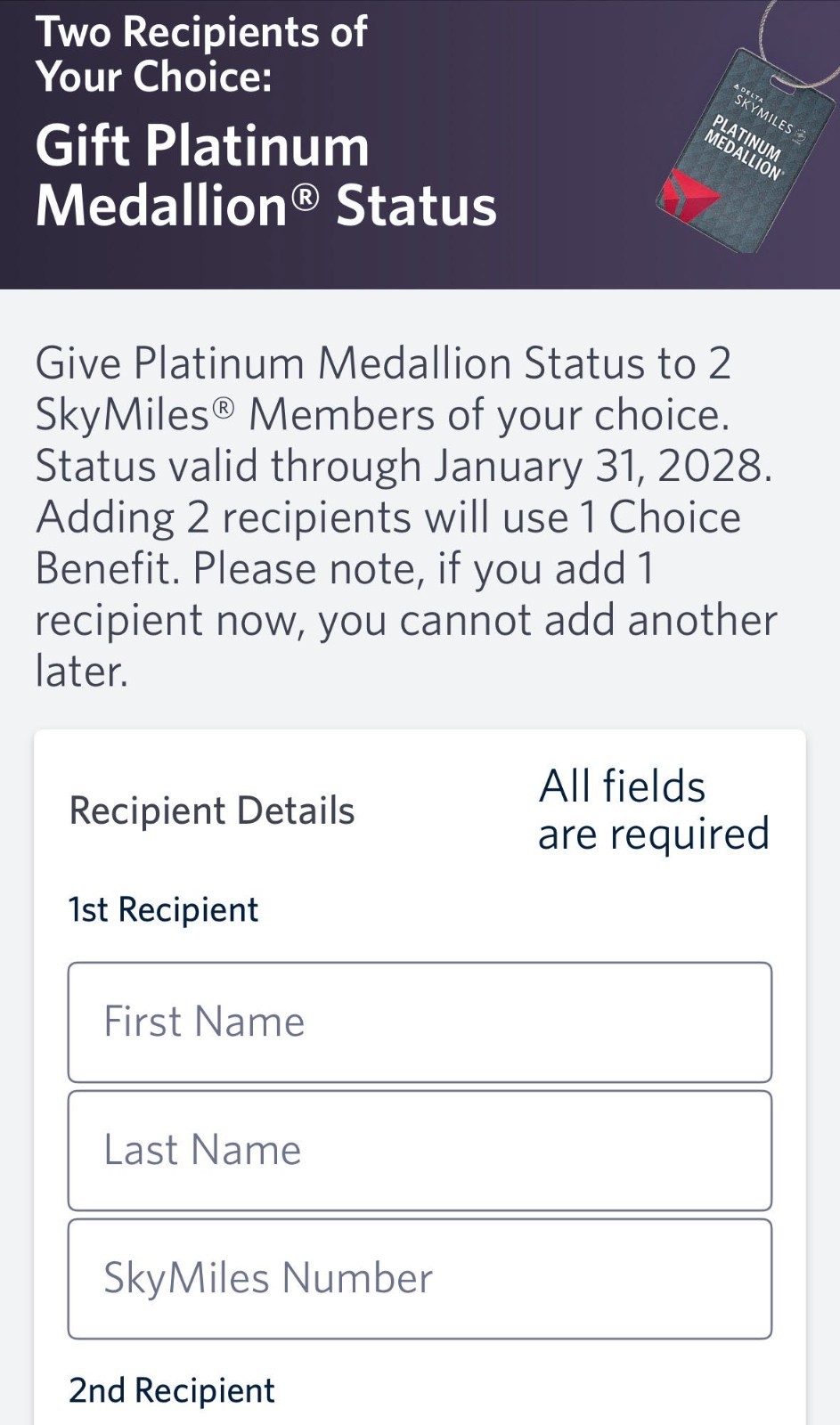 Delta **PLATINUM** Medallion Status *FOR 2 PEOPLE* STATUS THRU 1/31/2028!! 🔥