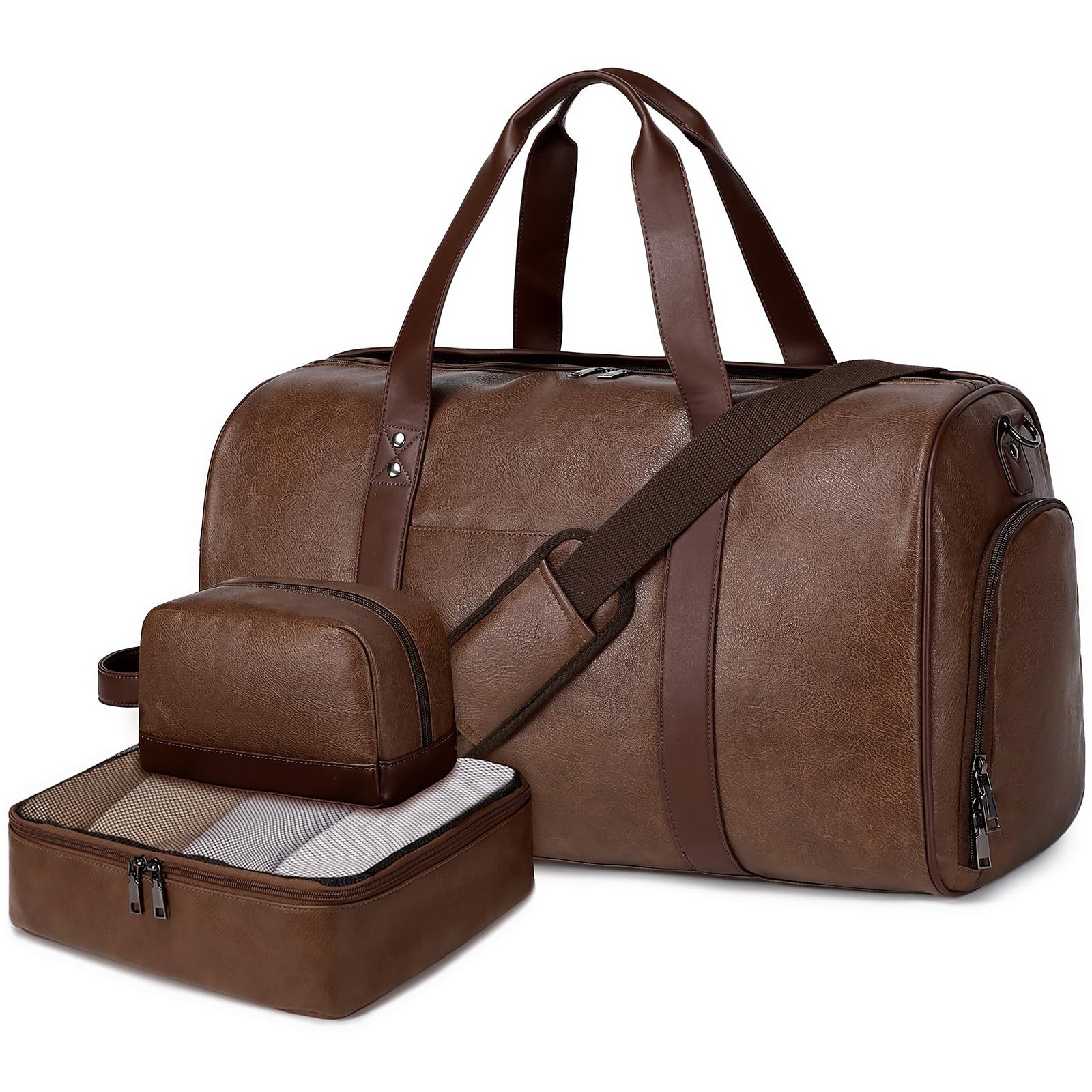 3PCS Faux Leather Weekender Bag for Women Men Travel Bag Overnight Bags | Lea…