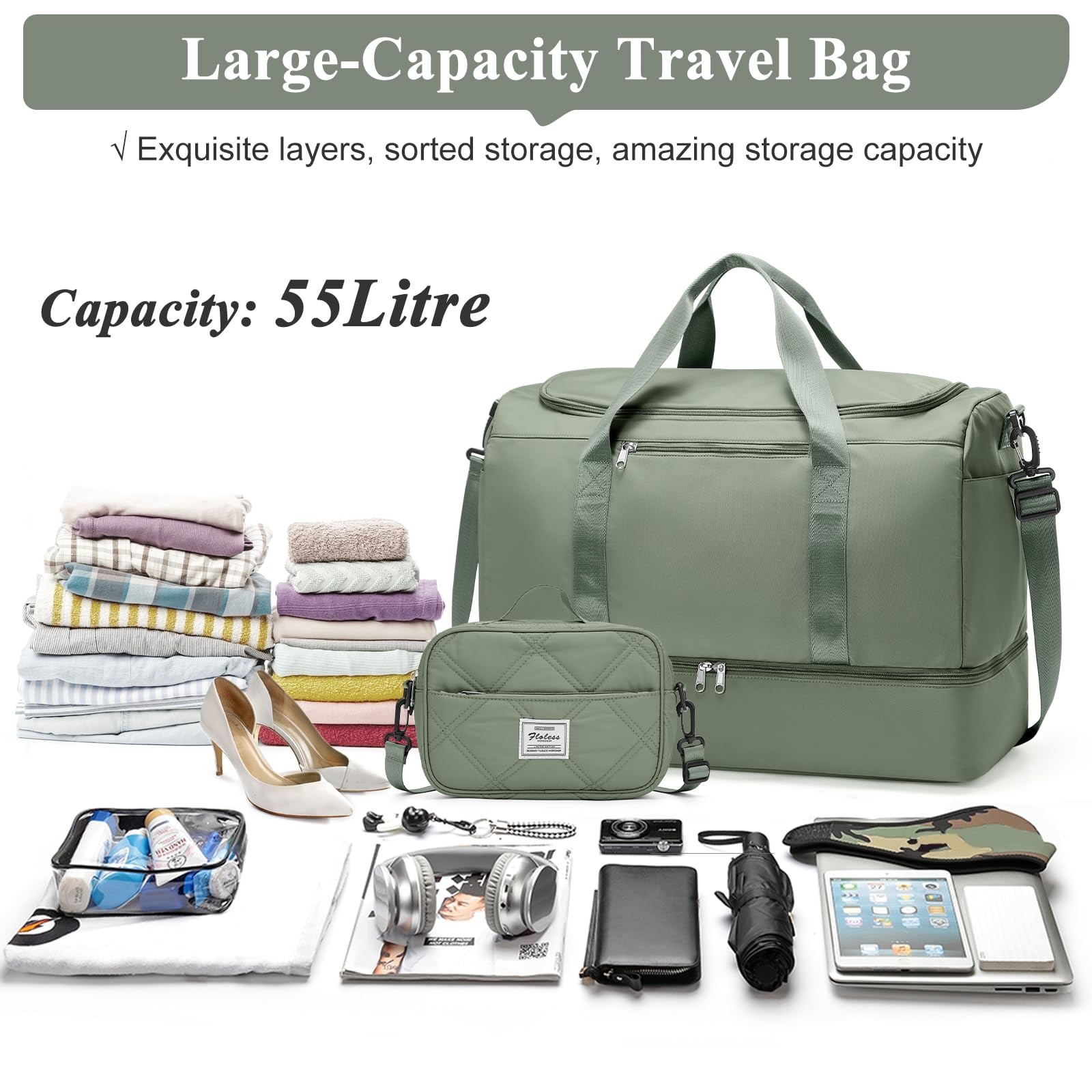 Extra Large Travel Duffle Bag,Carry on Overnight Bag with Shoes Compartment,W…