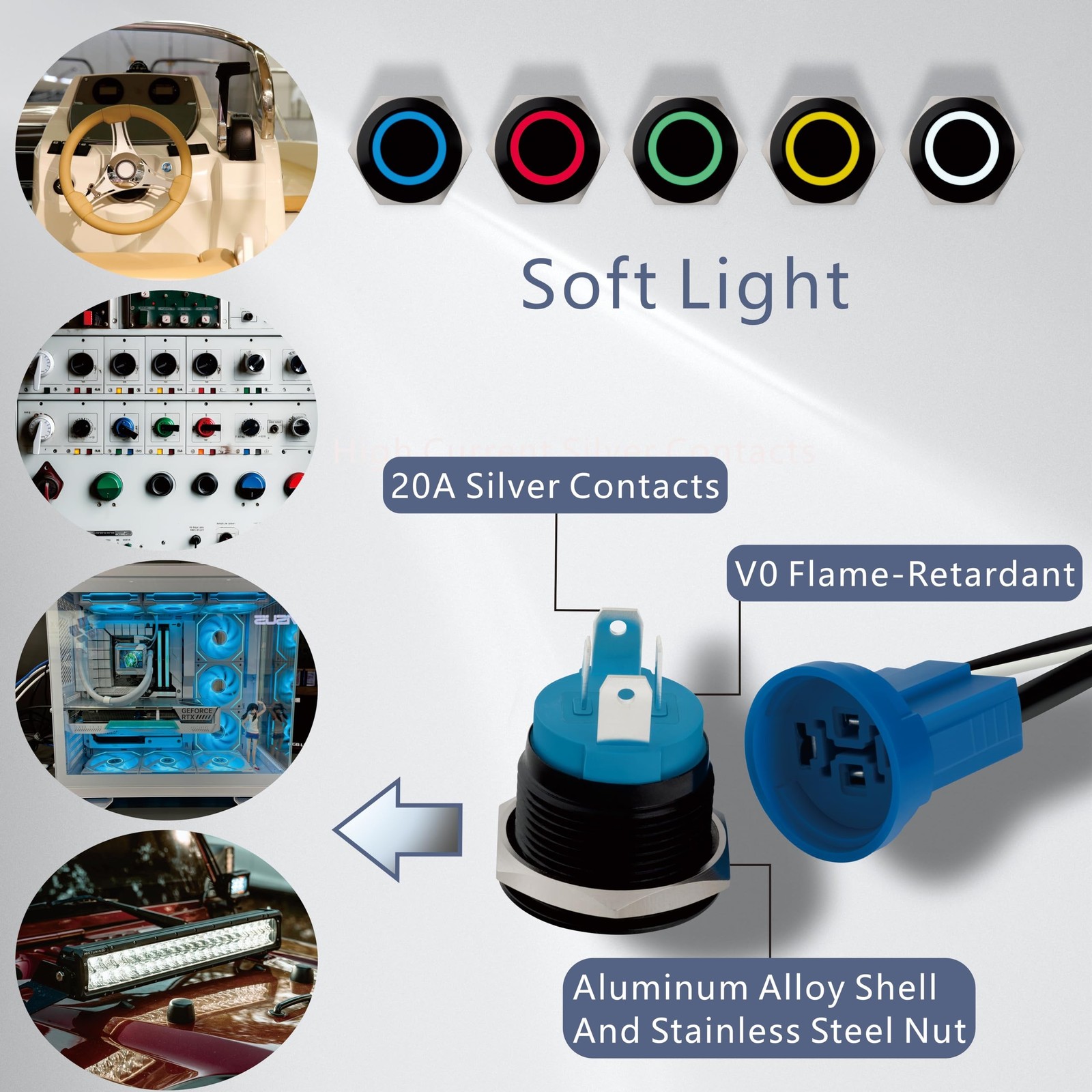 LED Latching Aluminum Push Button Switch 12-24V DC 20A 1NO On Off with Wire S…