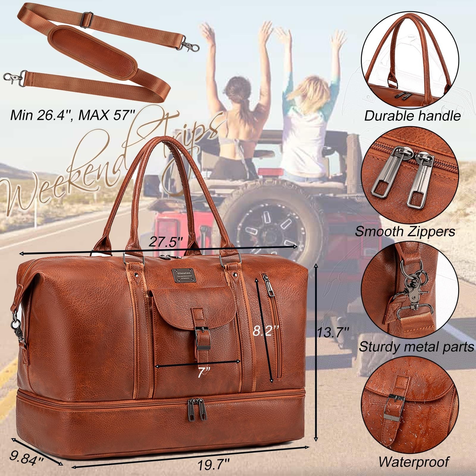 weiatas Faux Leather Travel Duffel Bag for Women Men, Large Weekender Overnig…