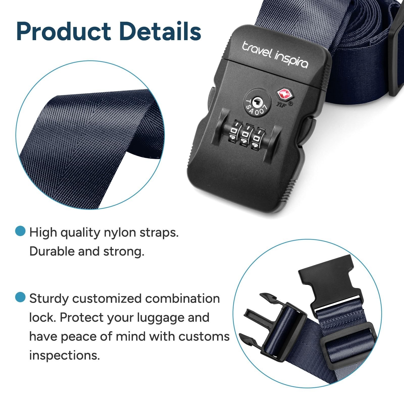 Travel Inspira Luggage Straps TSA Approved for 20-28inch Suitcase, Navy Blue …