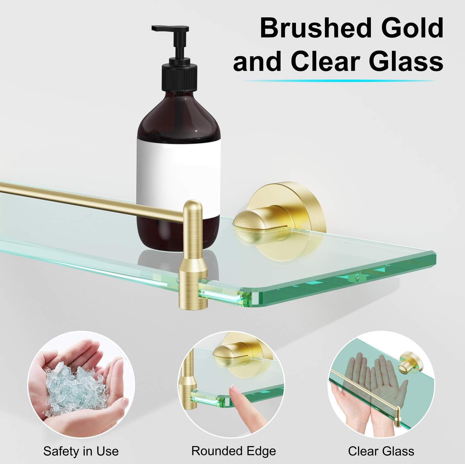 20 Inches Glass Shelves for Bathroom, Brushed Gold Floating Glass Shelf Stain…