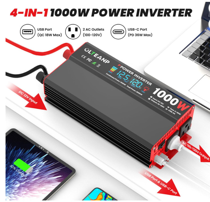 1000 Watt Power Inverter 12V DC to 110V/120V AC Car Inverter with LCD Screen