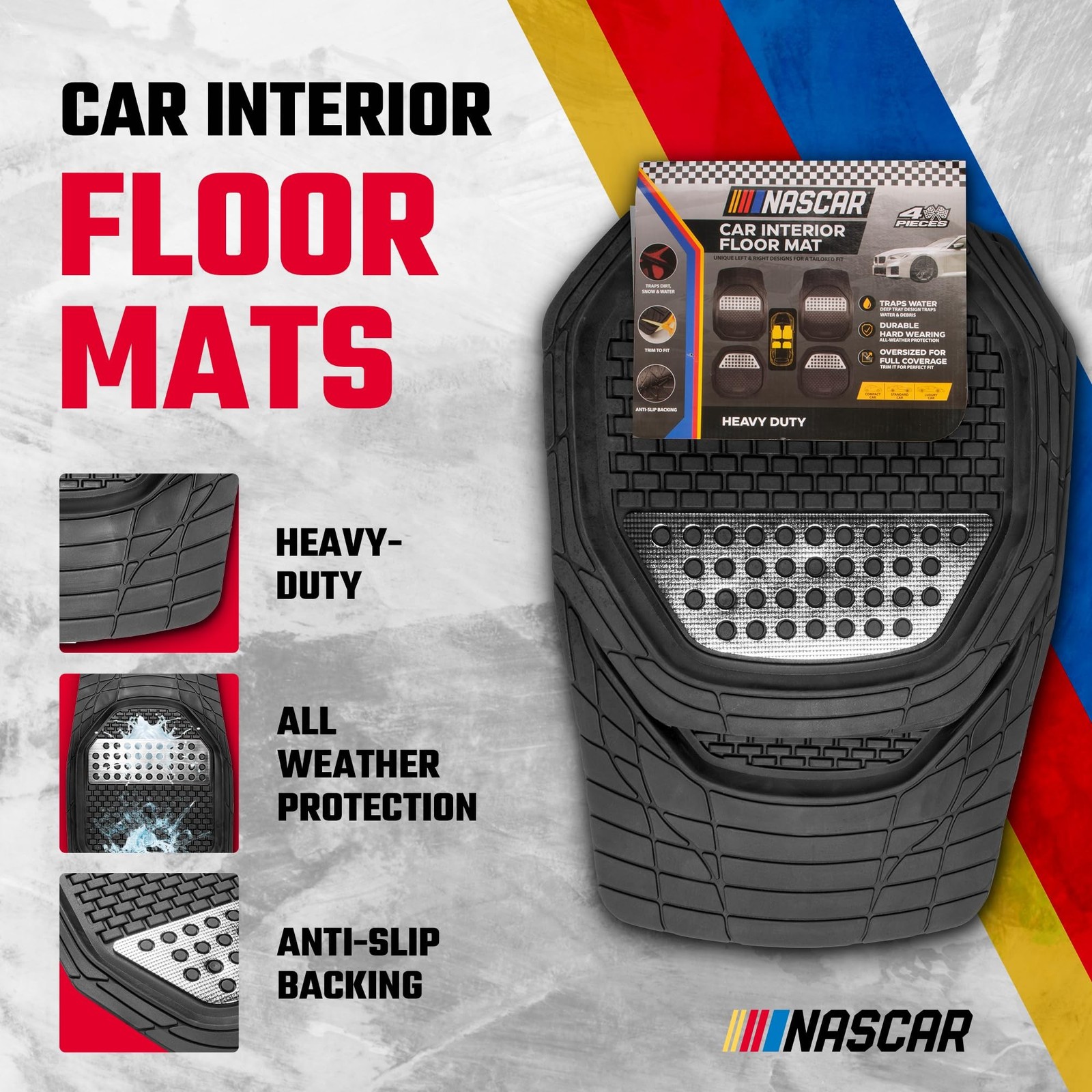 NASCAR Elite Car Floor Mats – 4-Piece Set | Heavy Duty All-Weather Rubber