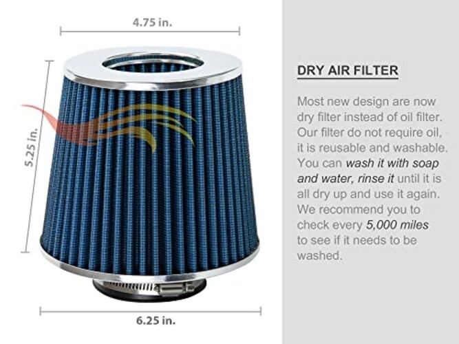 BLUE Cold Air Intake Cone Replacement Performance Washable Clamp Standard 2.5″