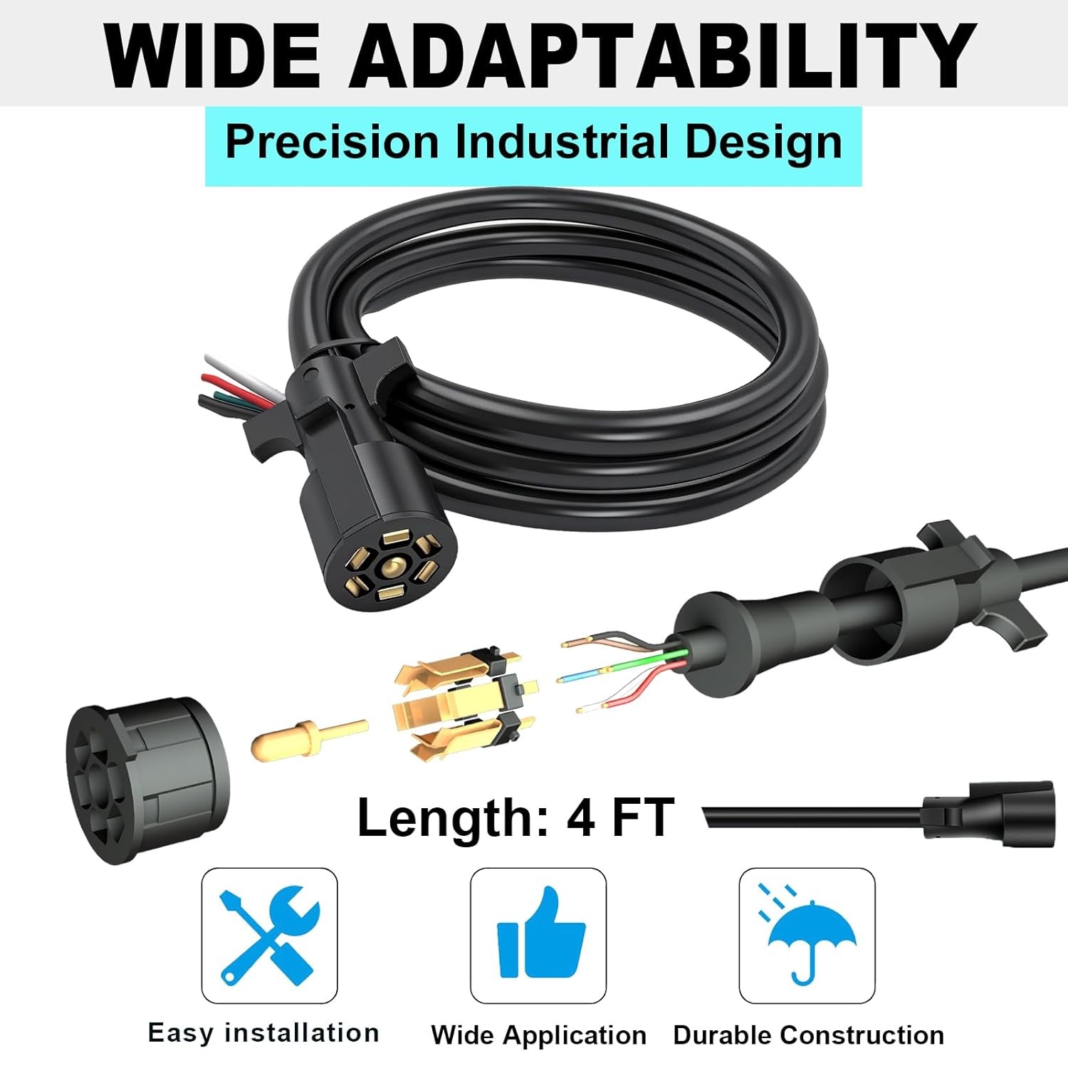 7 Way Trailer Cord 4FT Heavy Duty Trailer Plug Inline Wiring Harness Connector