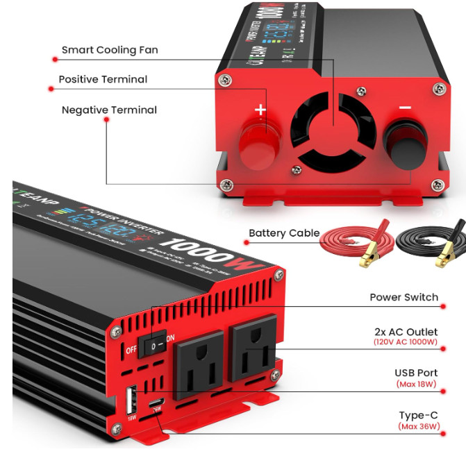 1000 Watt Power Inverter 12V DC to 110V/120V AC Car Inverter with LCD Screen