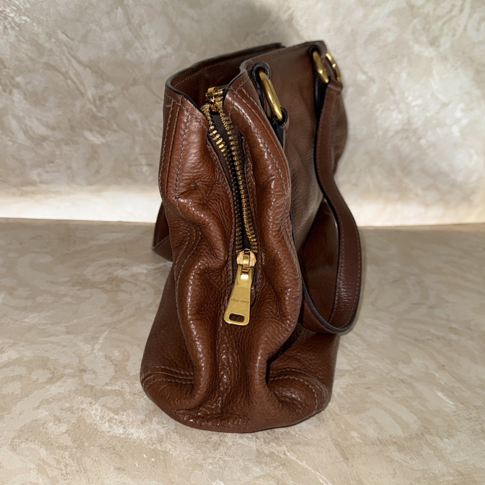 Miu Miu Vitello lux Brown Leather Hand Bag Purse ( MISSING THE SHOULDER STRAP)