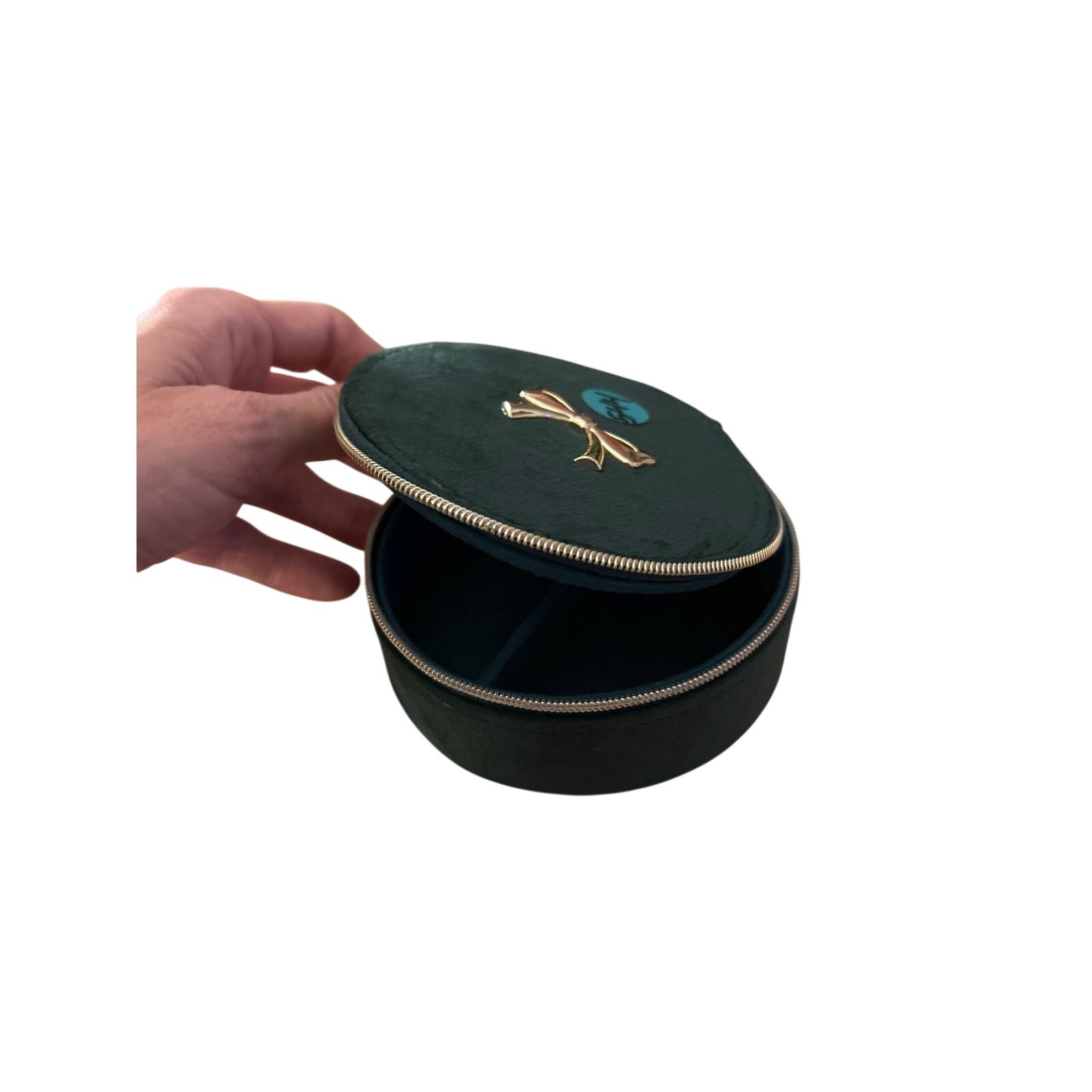 New Women’s Bow Decal Dark Green Round Zip Jewelry Organizer Storage Case