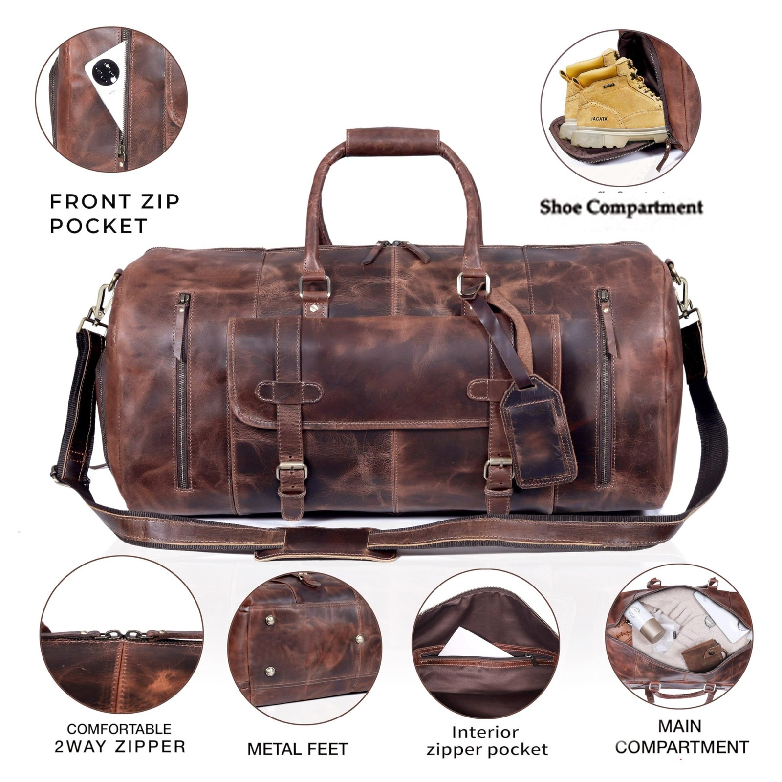 20 Inch Leather Duffel Bags for Men and Women Full Grain Leather Travel Overn…