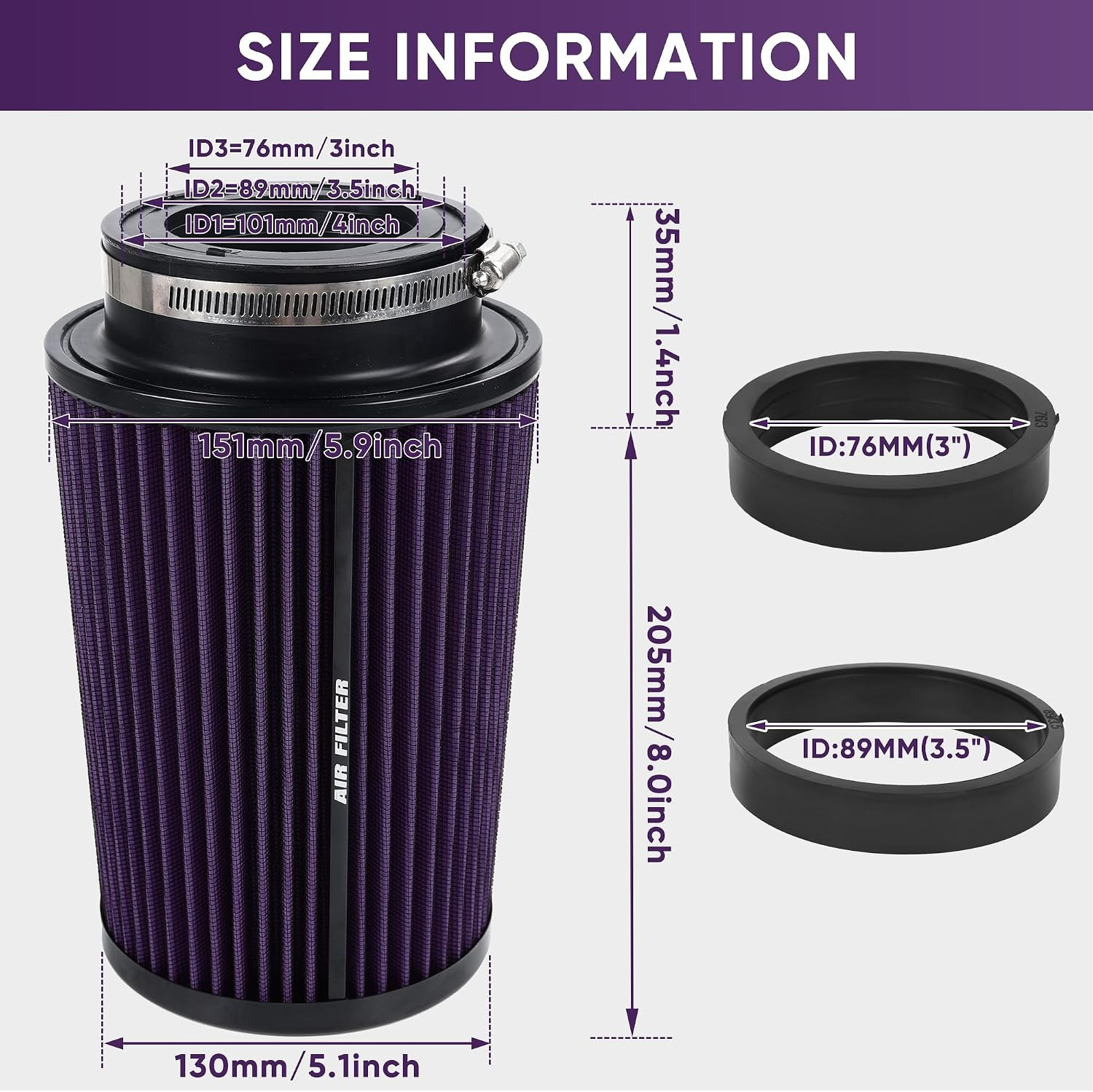 3 3.5 4 Inch Cold Air Intake Filter 76Mm 89Mm 101Mm High Performance Washable 3