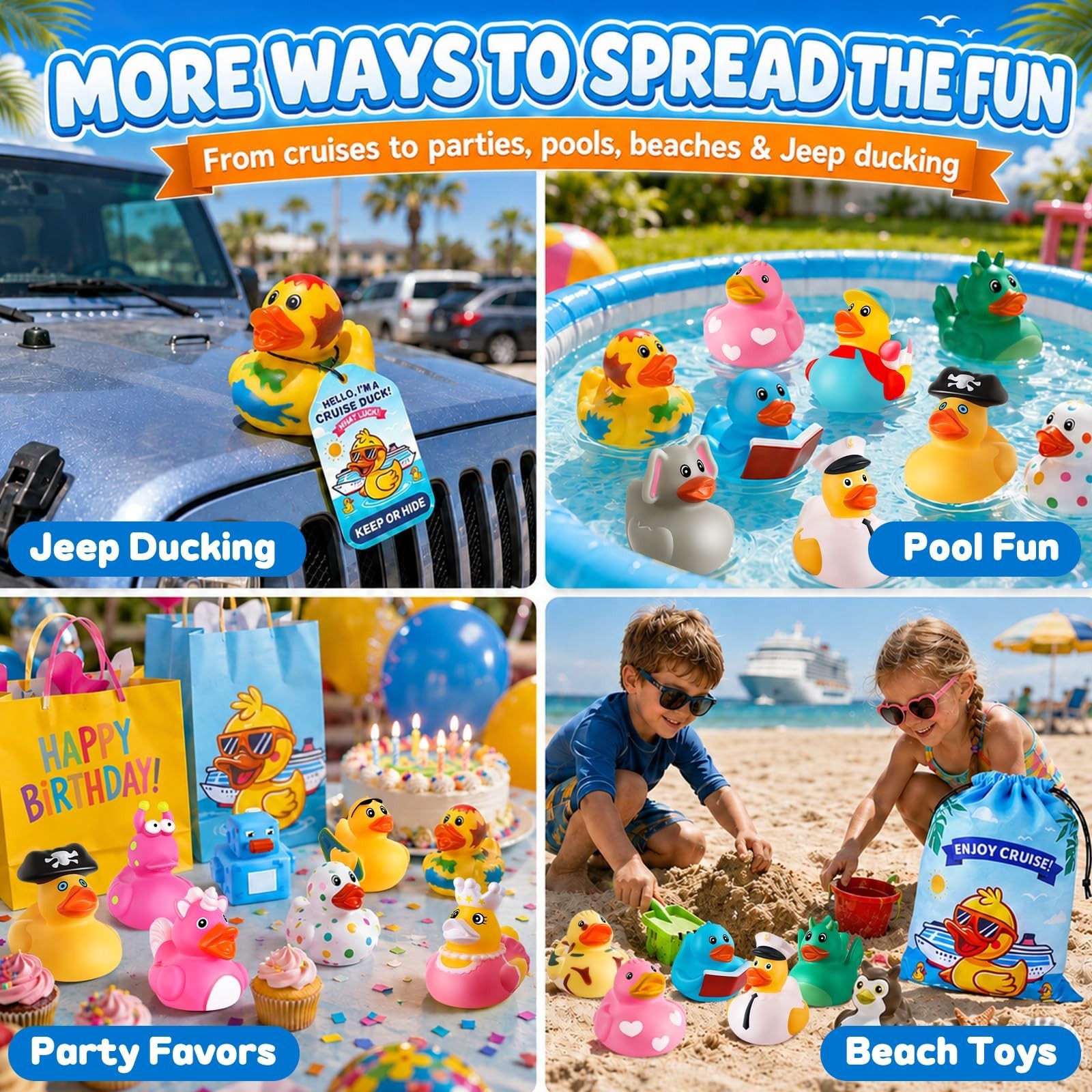 180 Pcs Cruise Rubber Duck Kits – Assorted Ducks, Tags, Bands & Storage Bag – Ca