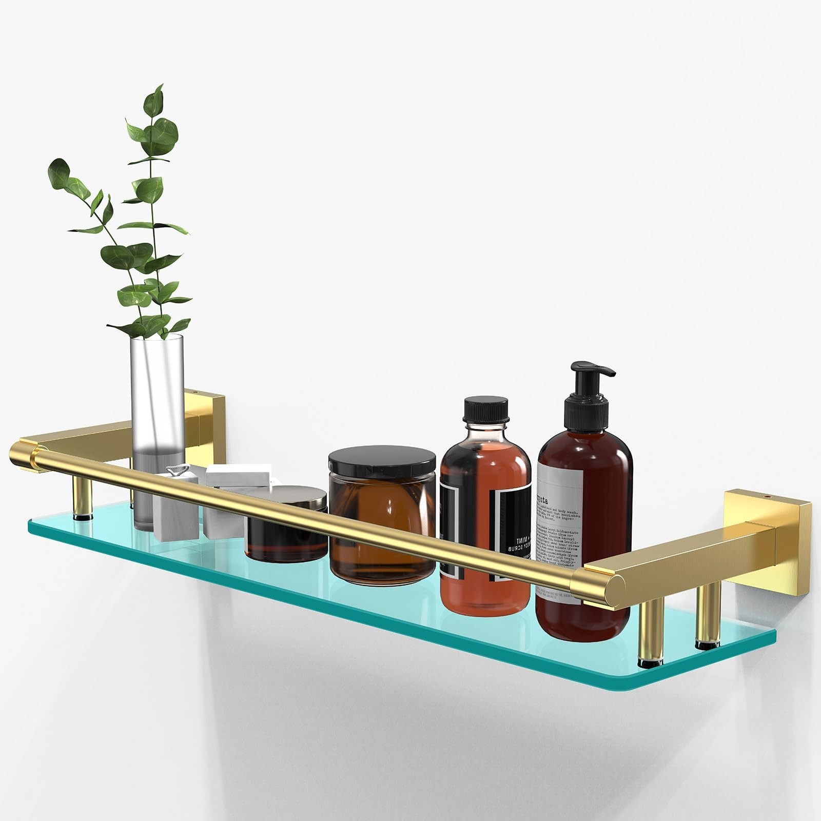 Glass Shelf for Bathroom, 20 Inch Tempered Glass with Brushed Gold Stainless …