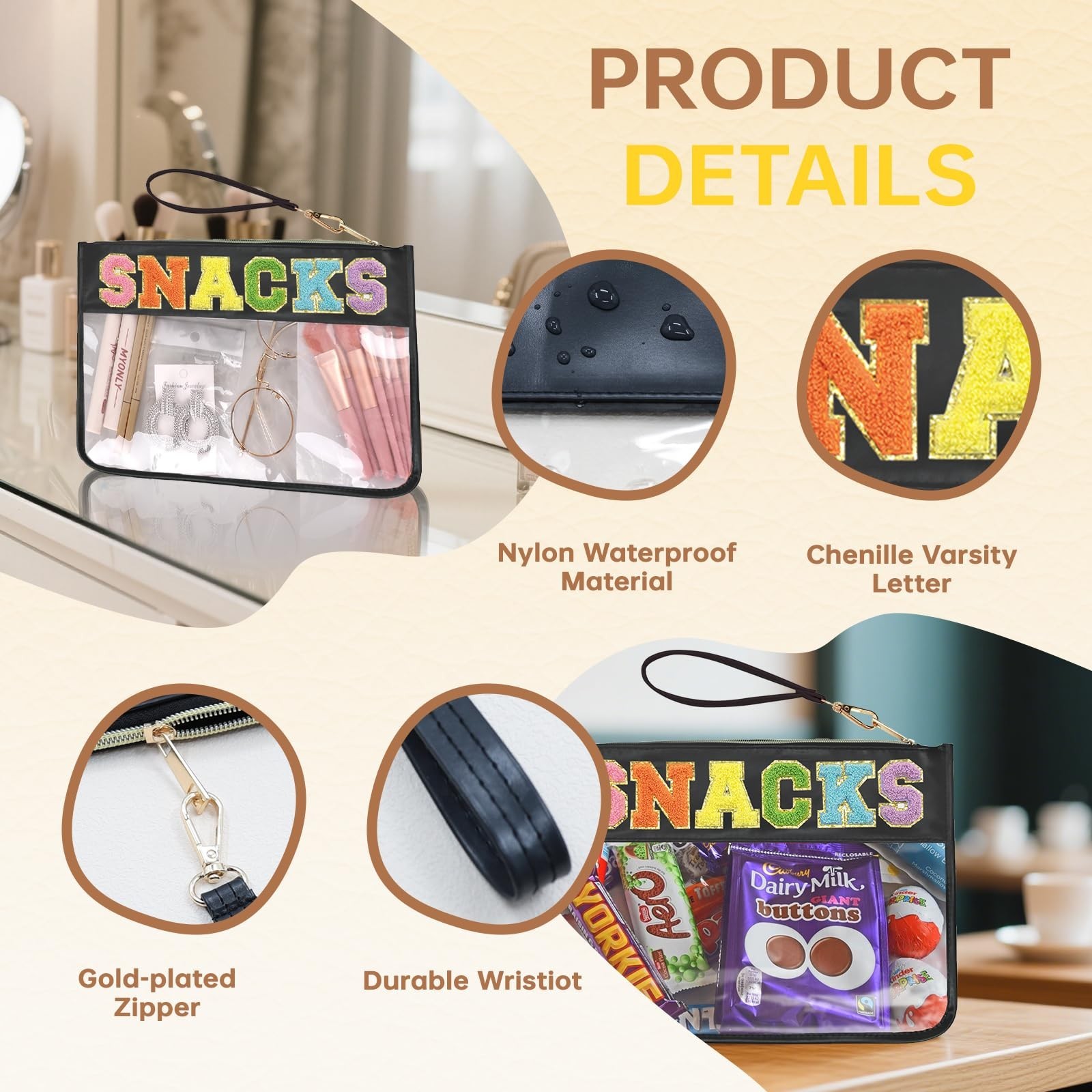 Snacks Bag Clear Chenille Varsity Letter Zipper Pouch Travel Makeup Bag Aesth…