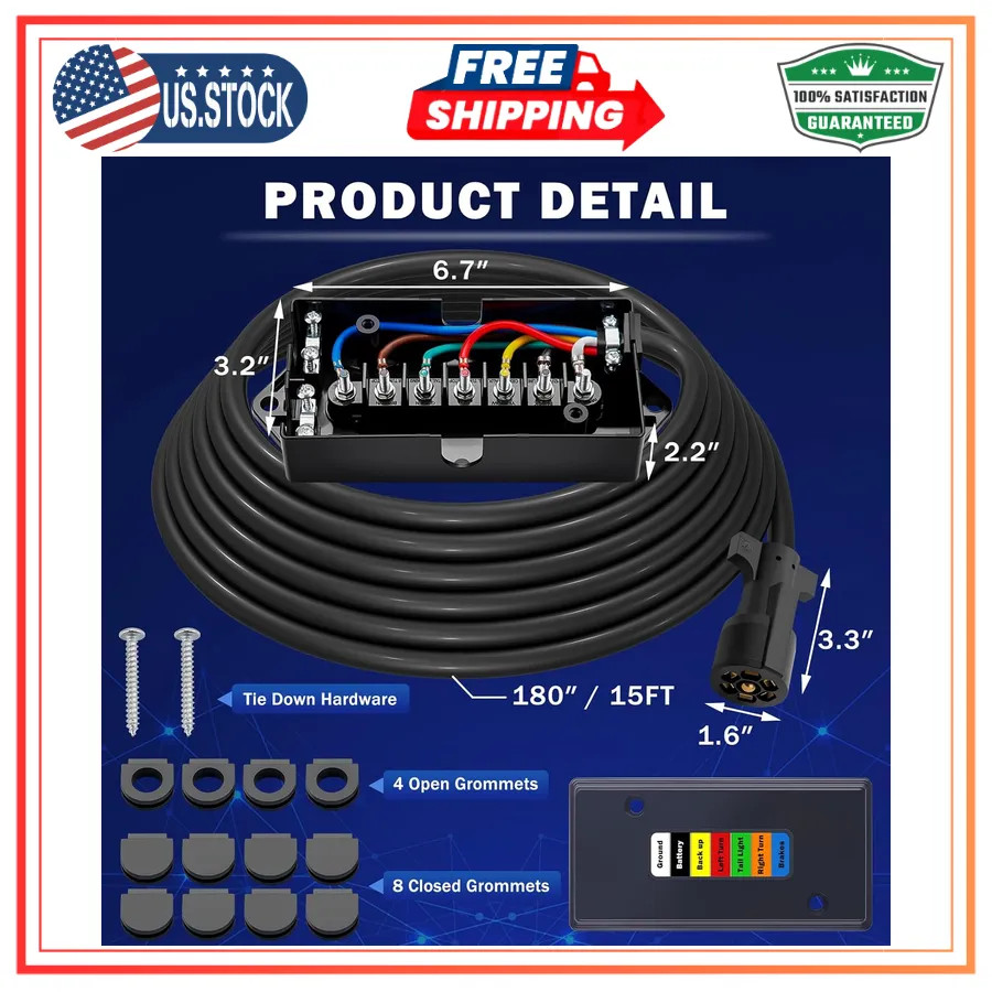 15FT 7 Way Trailer Wiring Harness Kit with Junction Box for RV Camper Trailer