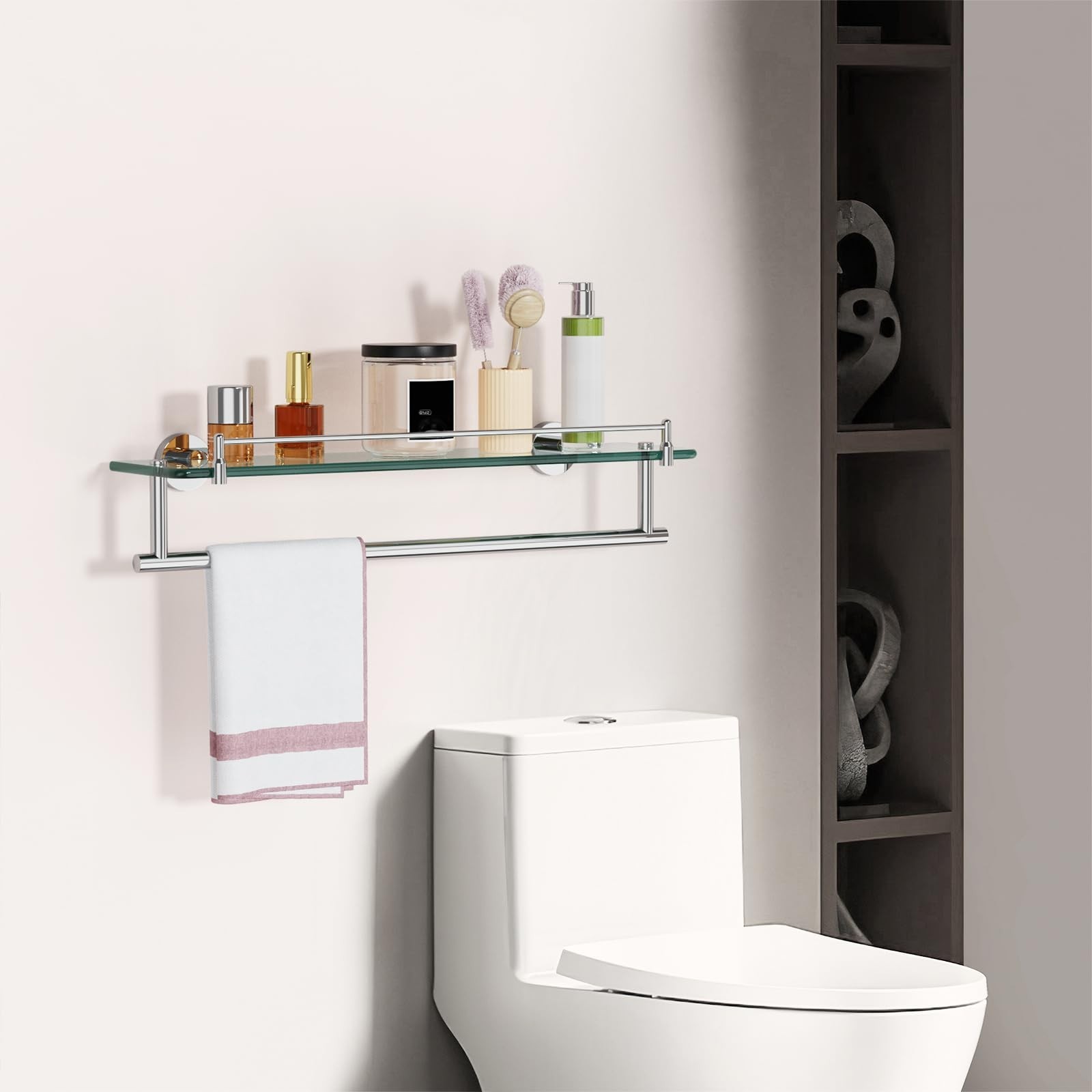 20-Inch Floating Tempered Glass Bathroom Shelf with Towel Bar – Chrome Polish…