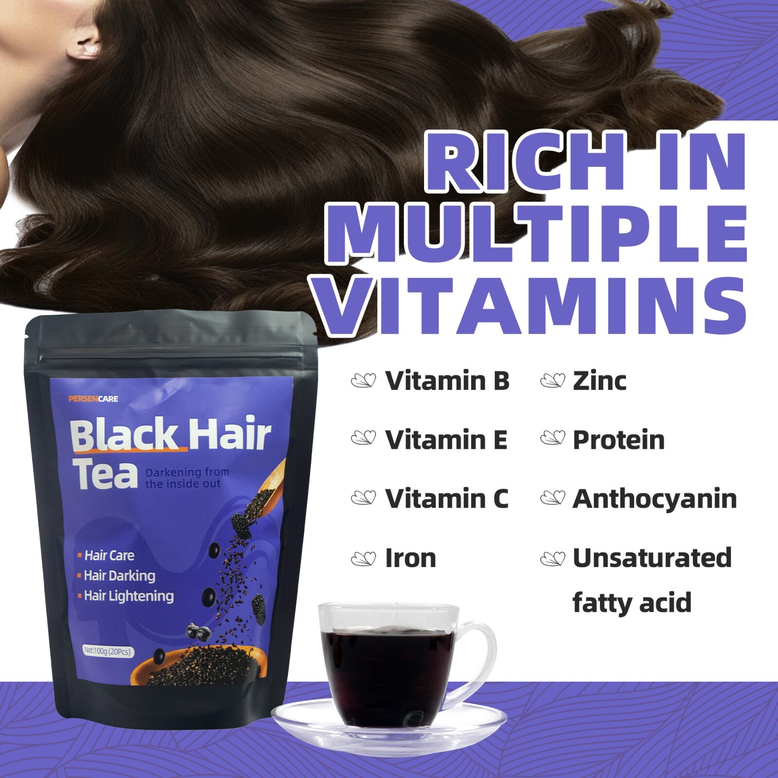 20 Pcs Natural Black Hair Tea Man & Woman Hair Growth thickning and Darkening