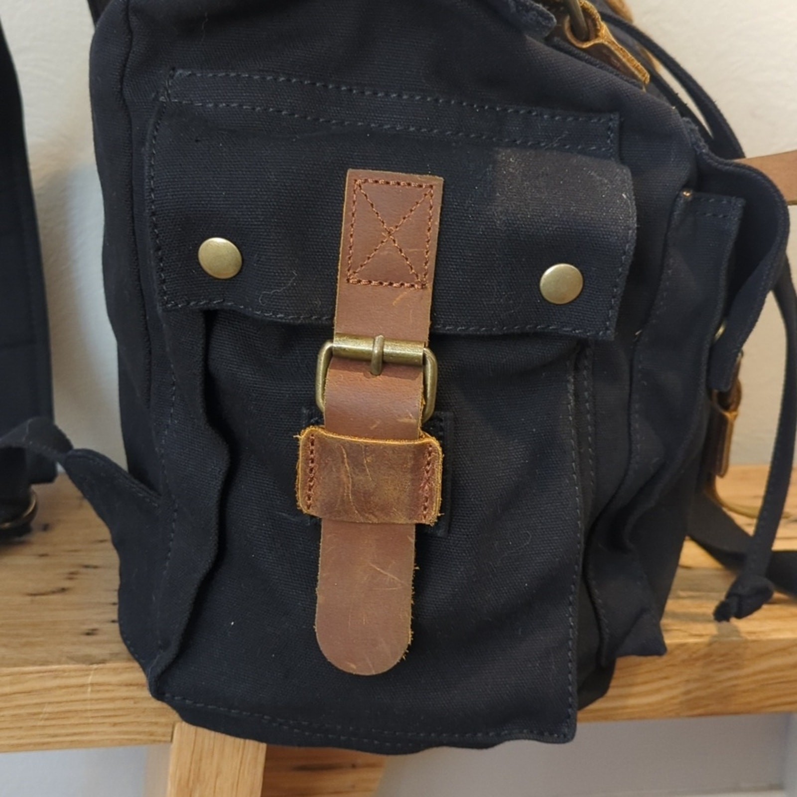 Kattee Black Leather Canvas Backpack Travel Bag
