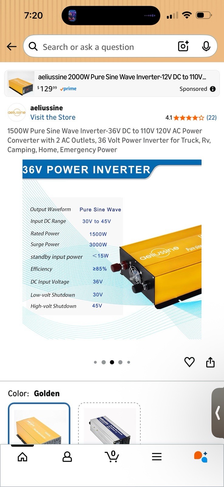 1500W Pure Sine Wave Inverter-36V DC to 110V 120V AC Power Converter with 2 A…