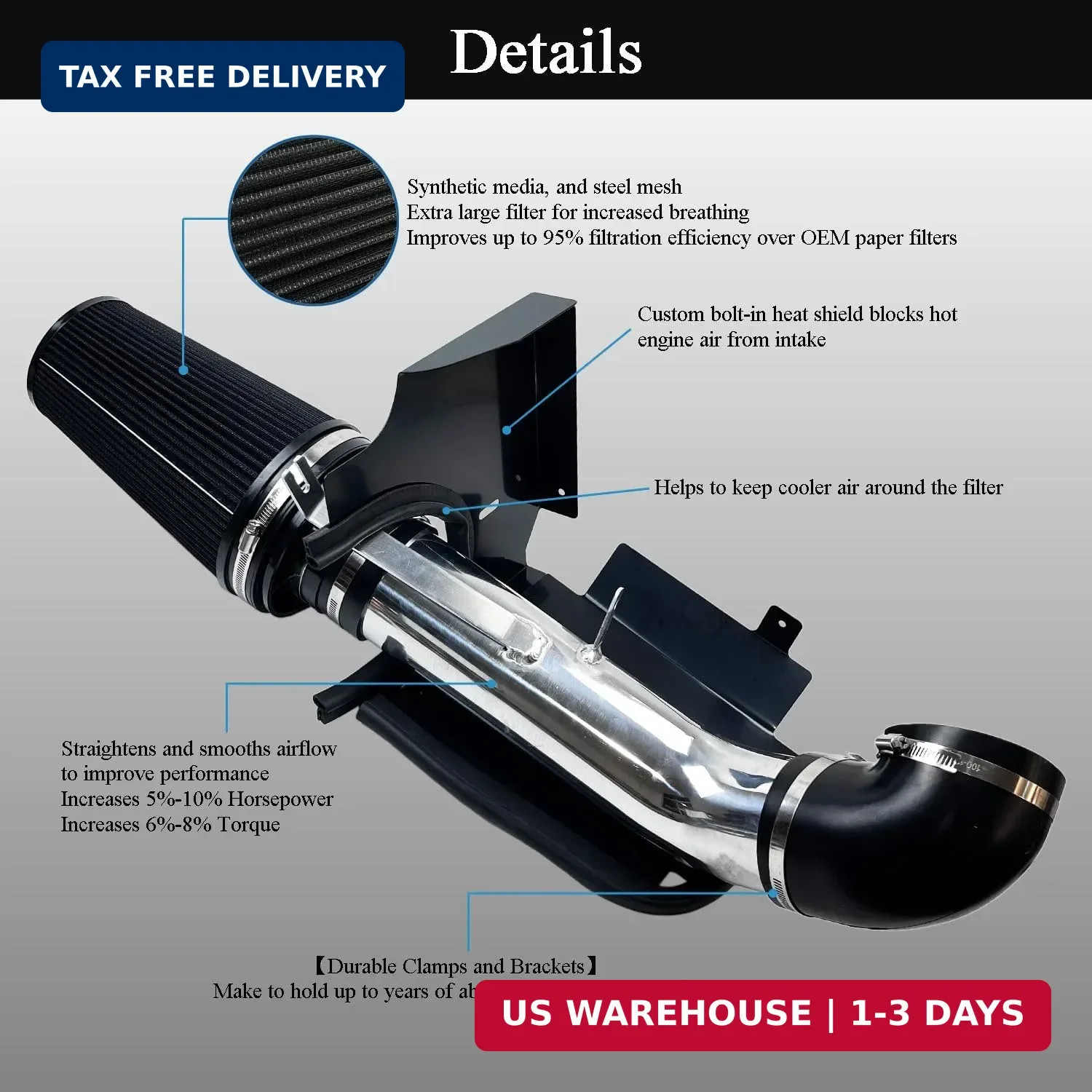 4″ Cold Air Intake System + Heat Shield For 99-06 GMC/Chevy V8 4.8L/5.3L/6.0L /