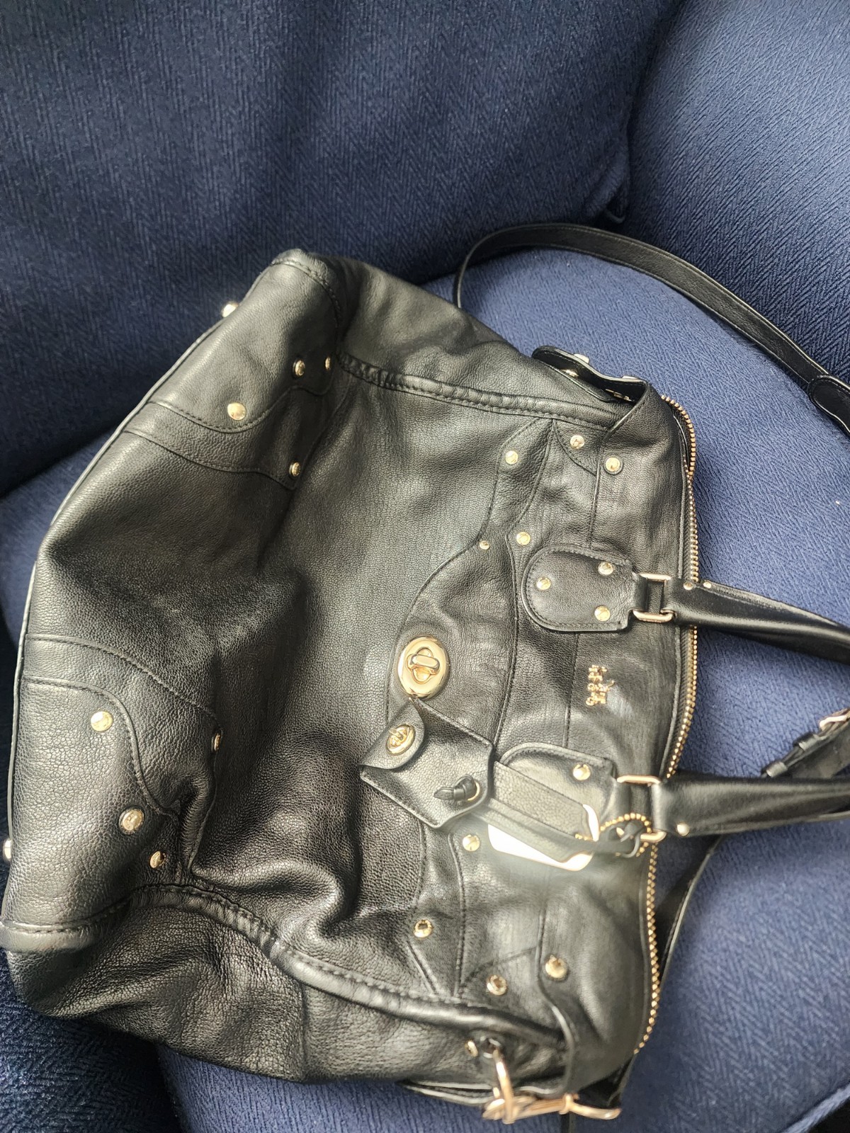 Coach Black Satchel Top Handle Gold Hardware Studded Accents Detachable Strap