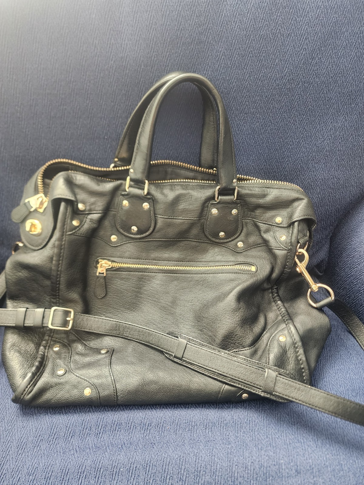 Coach Black Satchel Top Handle Gold Hardware Studded Accents Detachable Strap