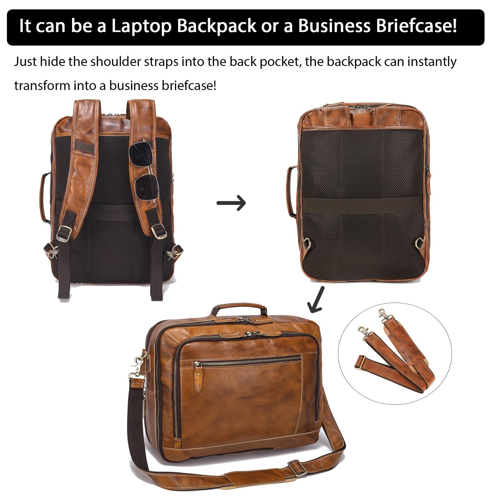 LANNSYNE Vintage Genuine Leather Backpack For Men, 2 in 1 Expandable Briefcas…