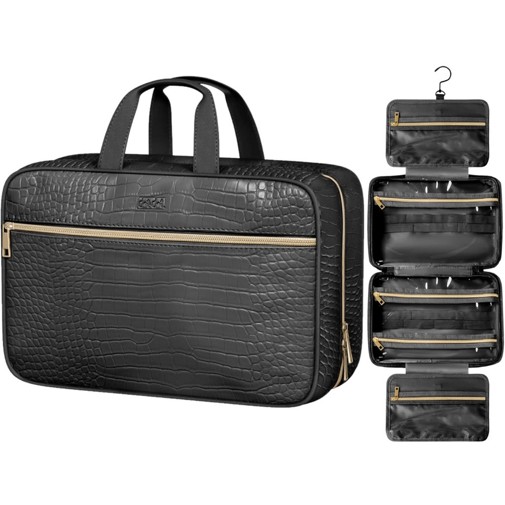 Leather Hanging Toiletry Bag for Men Women Spacious Toiletry Travel Bag Black