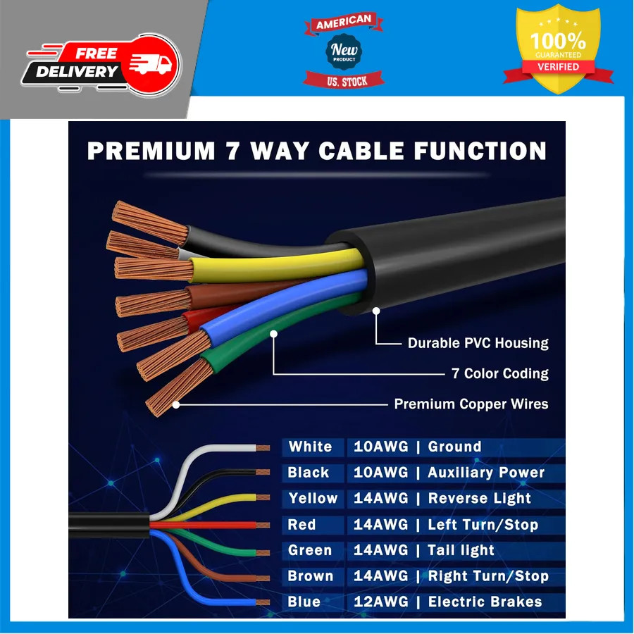 15ft 7 Way Trailer Wiring Harness Kit with Junction Box for RV and Camper