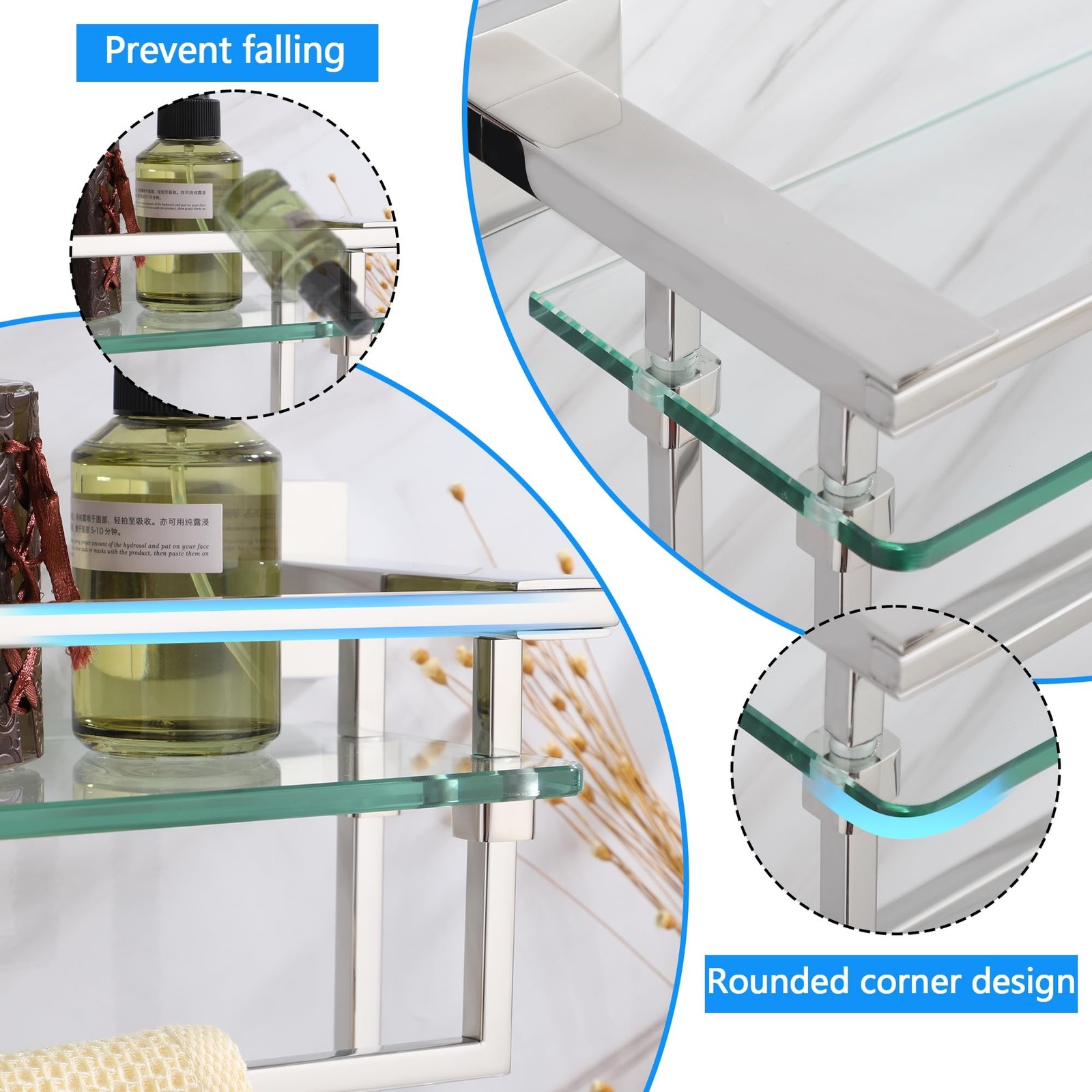 LANC Bathroom Shelf with Towel Bars – 20-Inch Silver Floating Tempered Glass …