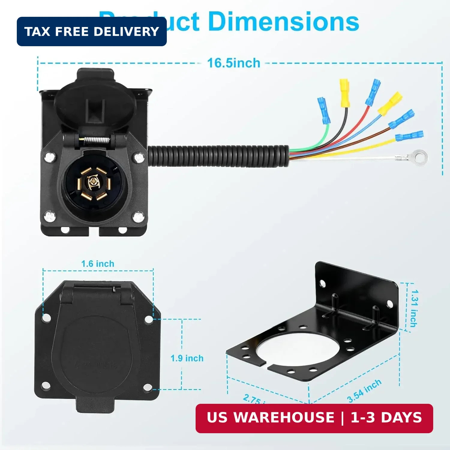 Premium 7 Pin Trailer Connector with Mounting Bracket，Heavy-Duty 7 Pin Trailer P
