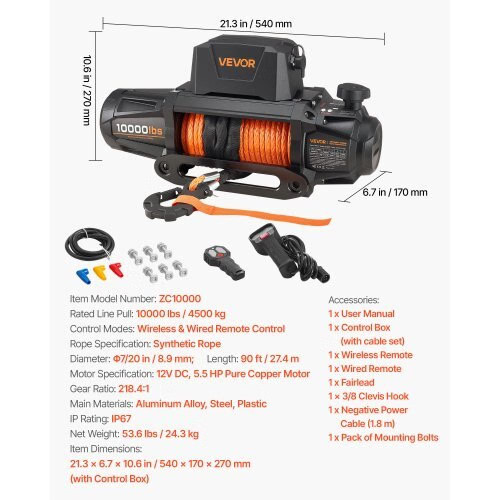 Electric Winch, 10000 lbs Load Capacity, 12V DC Truck Winch with ?&brvbar;7/20 i