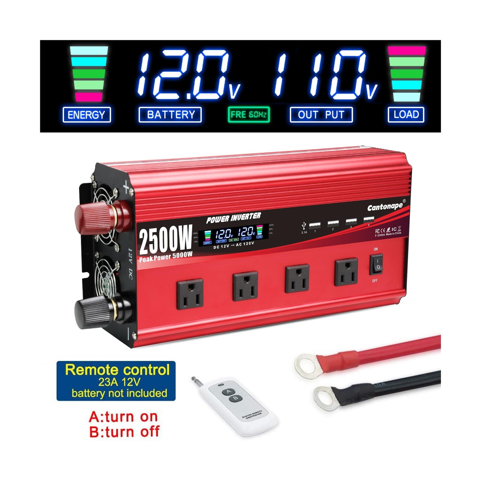 2500W Power Inverter 12V to 110V/120V DC to AC with LCD Display, Remote Contr…
