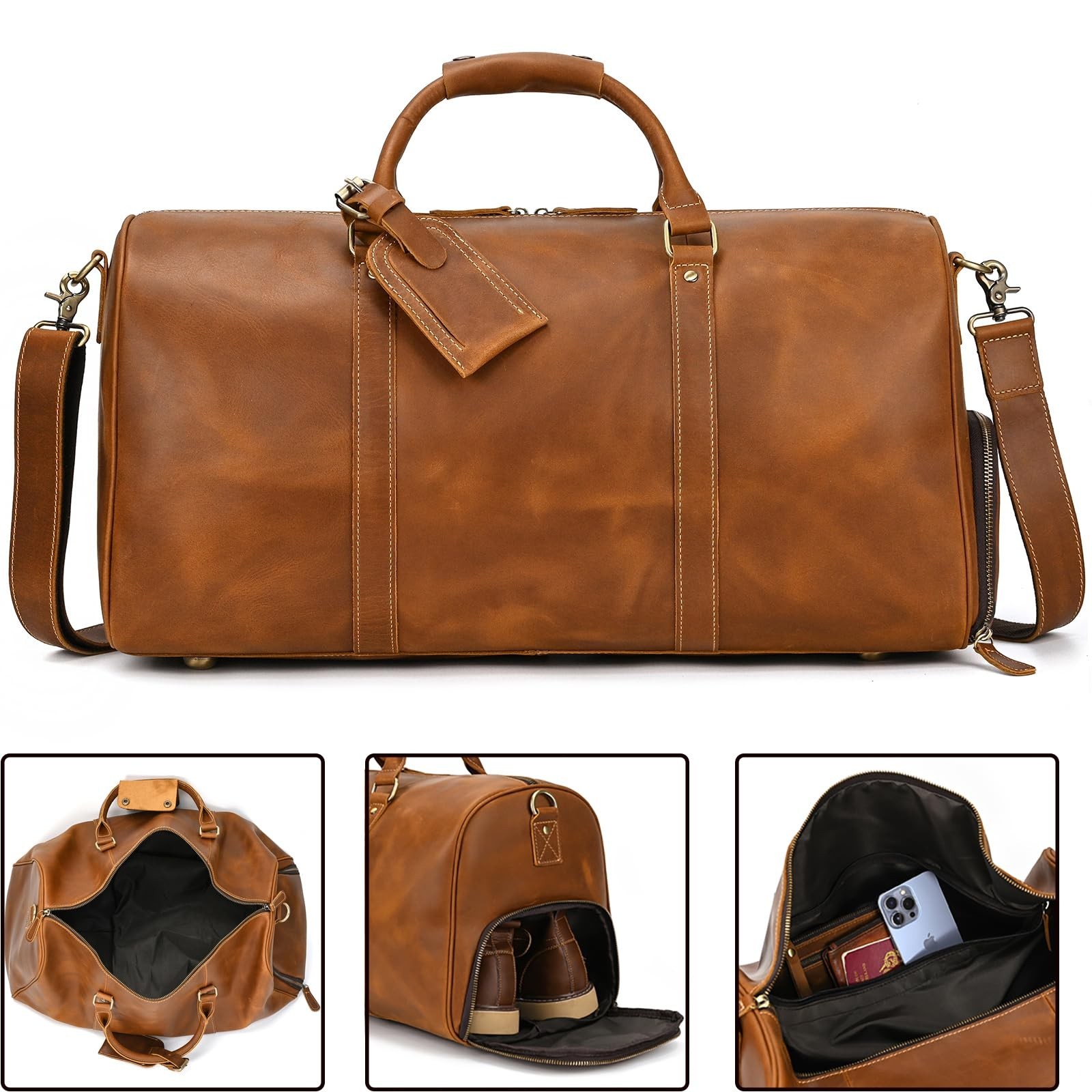 Leather Duffel Bags for Men and Women, 20 Inch Full Grain Leather Travel Over…