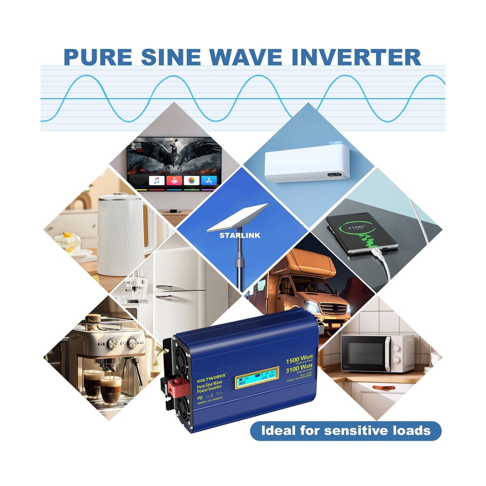 Pure Sine Wave Inverter 1500 Watt 12V to 110V 120V AC Surge Peak 3100W For 2 …