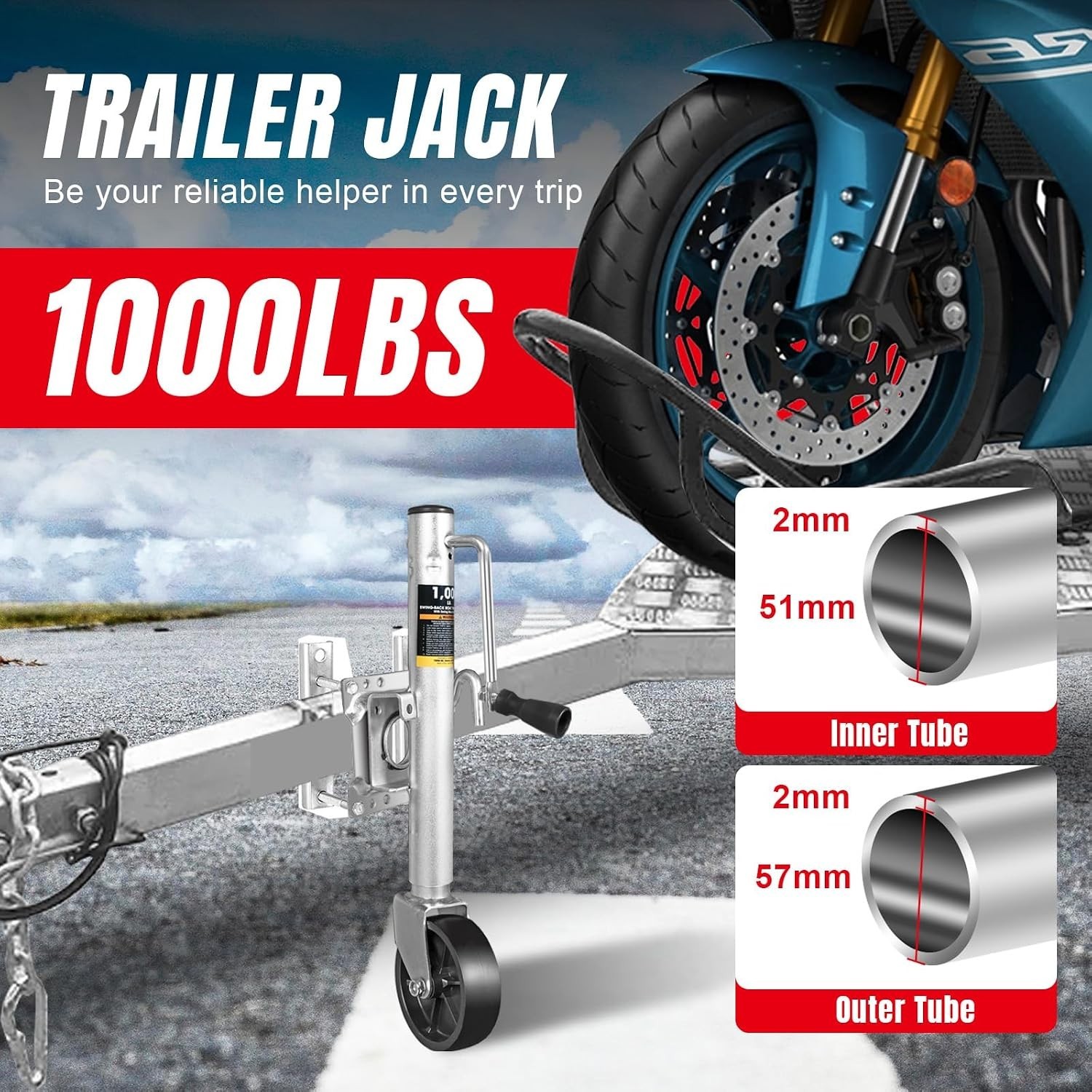 Boat Trailer Jack with 6-Inch Single Wheel,1000 Lbs Capacity Swing-Back Bolt-On
