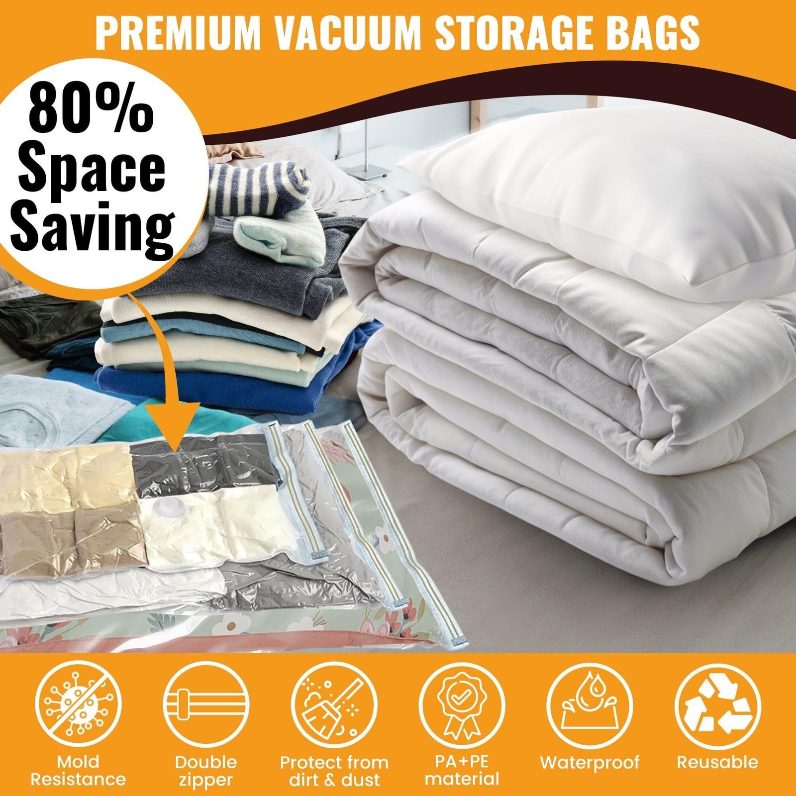 Vacuum Storage Bags,8 pack with Hand Pump .(2 Jumbo,2 Large,2 Medium,2 Small)…