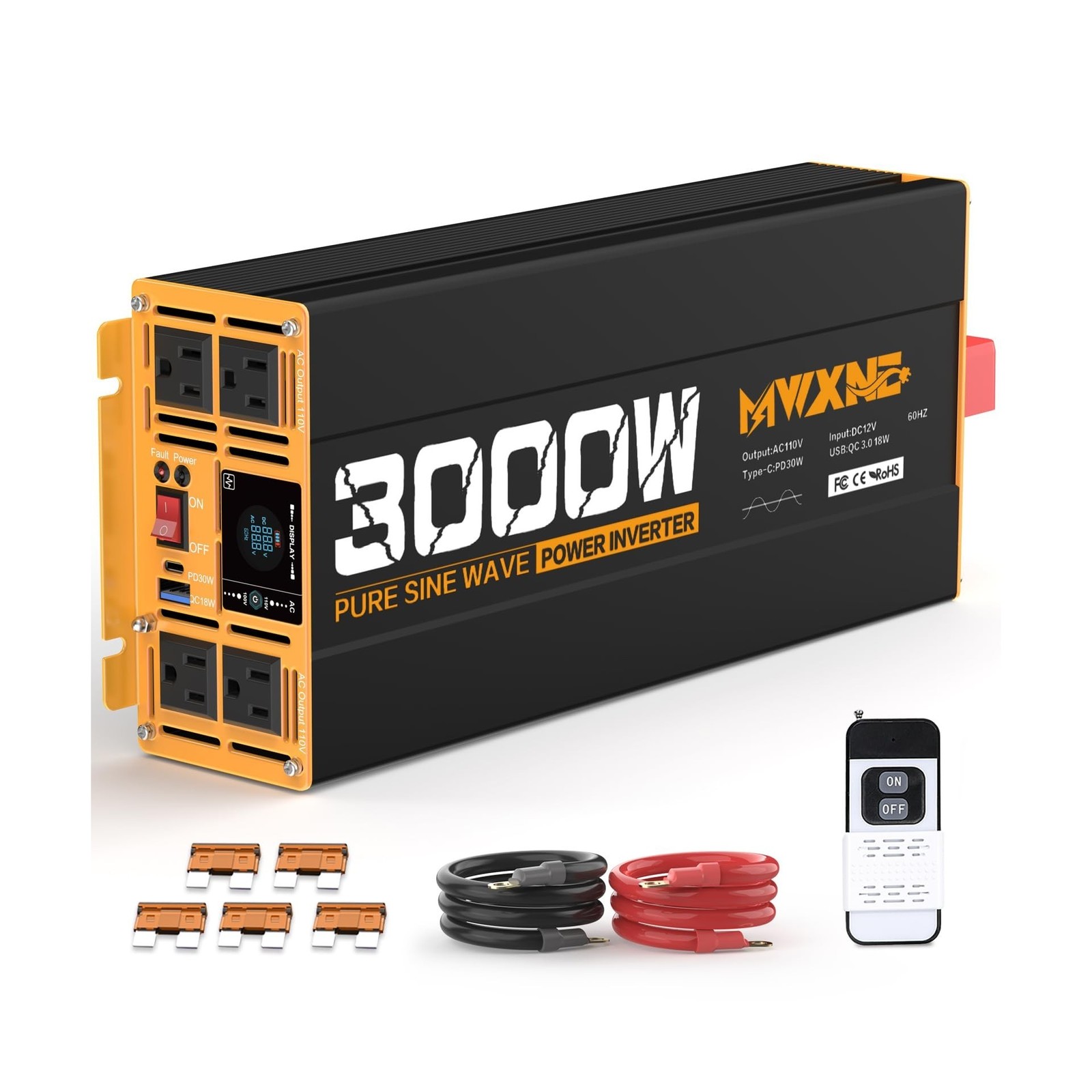 3000W Pure Sine Wave Inverter 12V DC to 110V 120V AC Converter for RV Truck H…