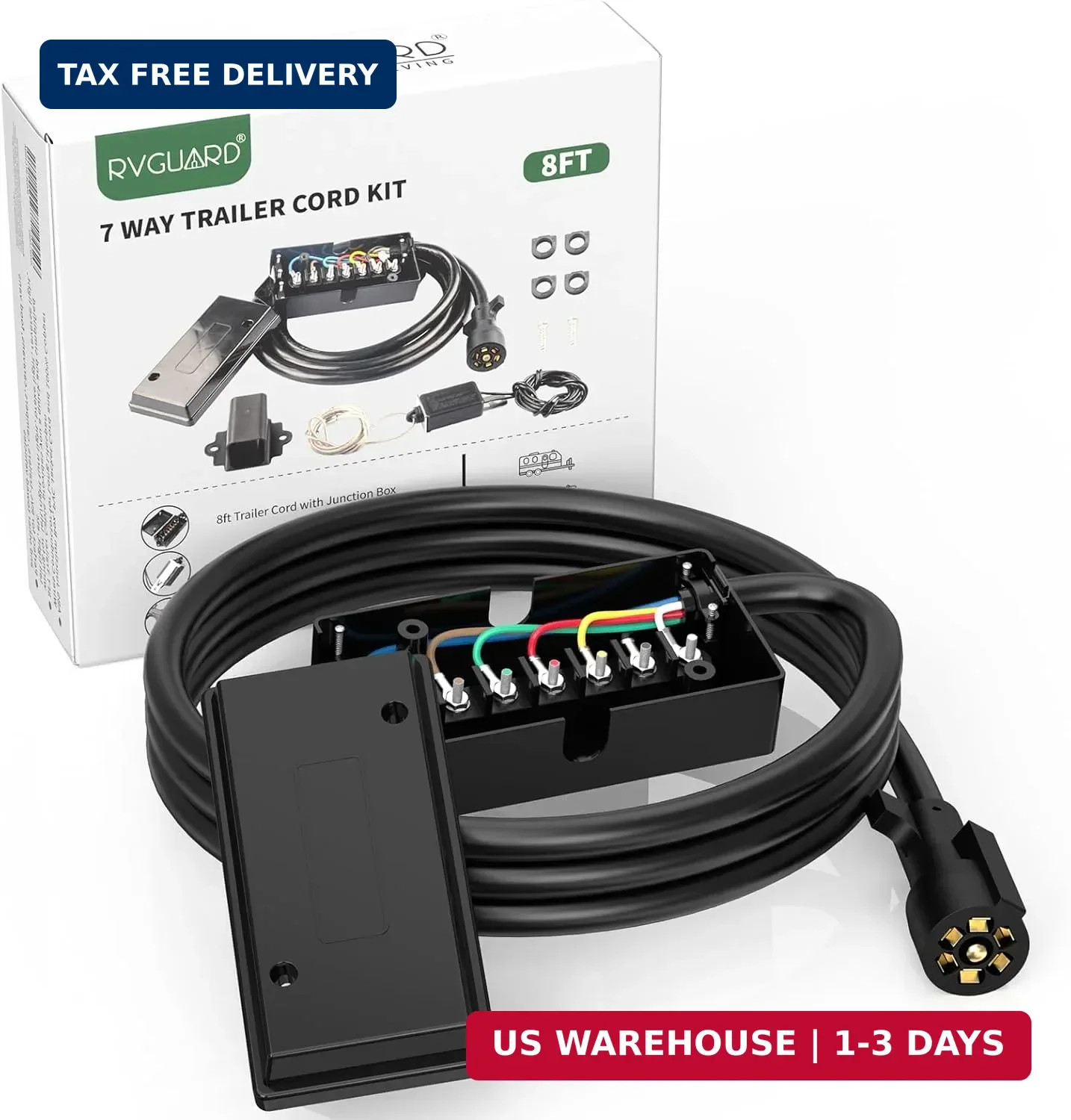 RVGUARD 7 Way Wiring Harness Kit 8 Foot Trailer Cord with 7 Gang Junction Box, I