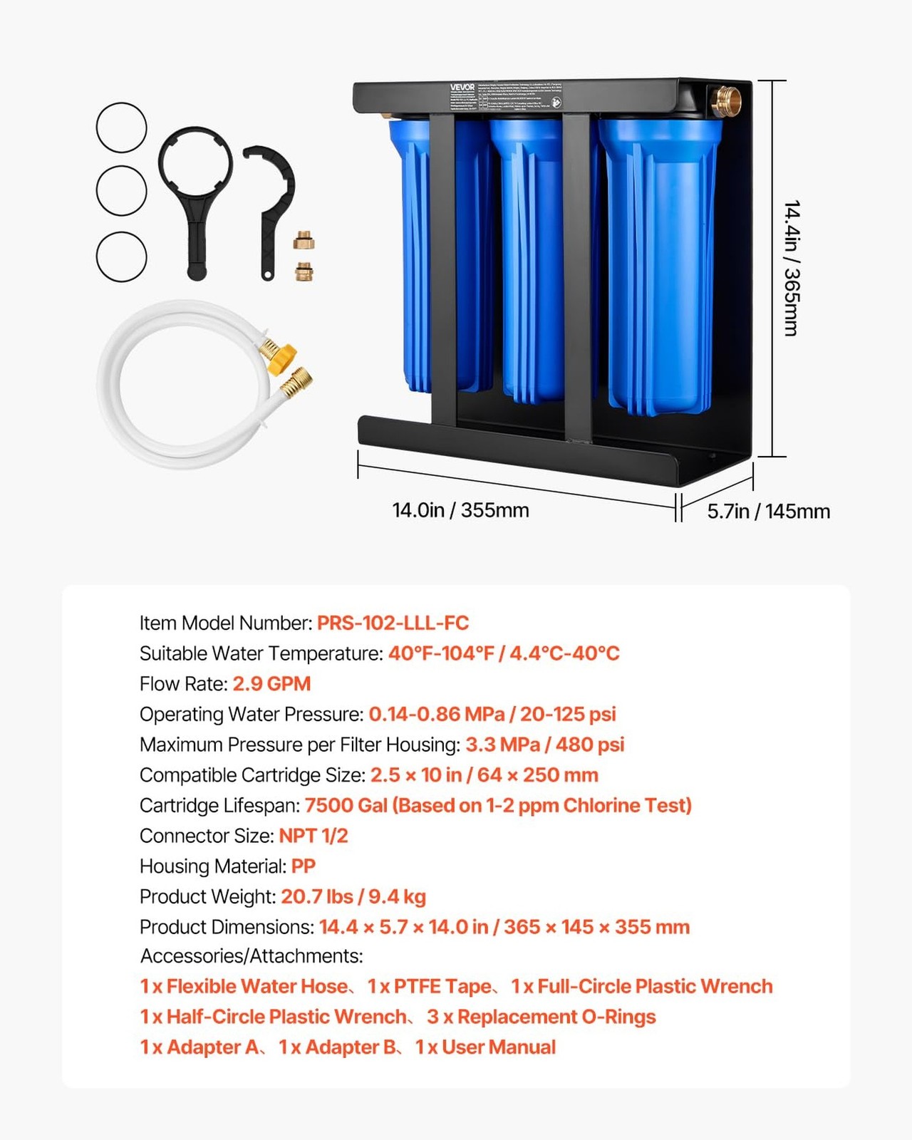 VEVOR RV Water Filter with Bracket, 3-Cartridge 2.5 x 10 in Water Filter Syst…