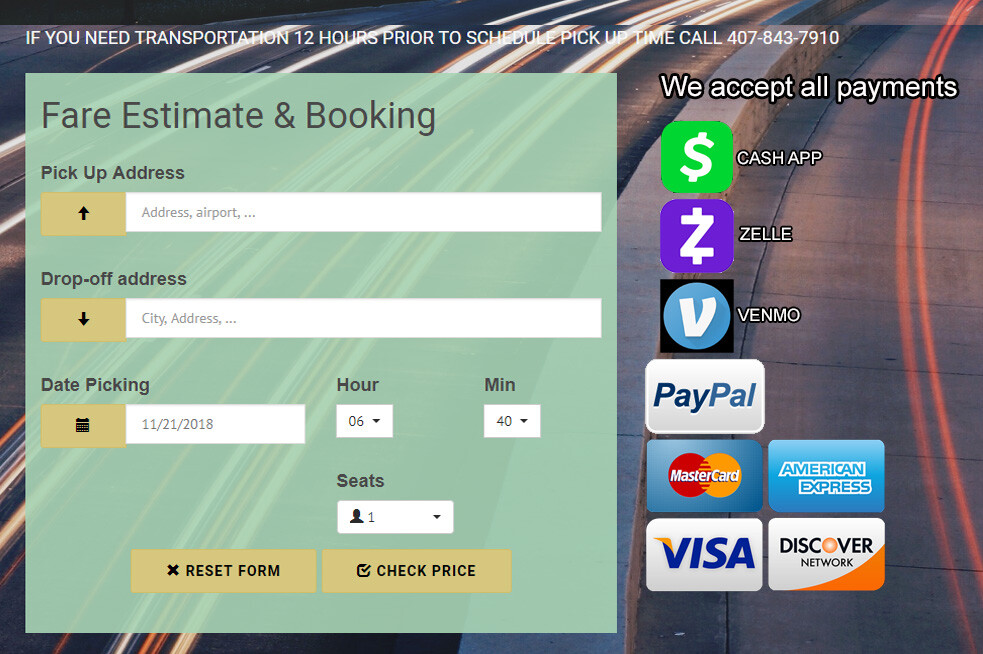New Smyrna Beach taxi to Orlando airport MCO $175 Sedan, SUV, Van and Minibus