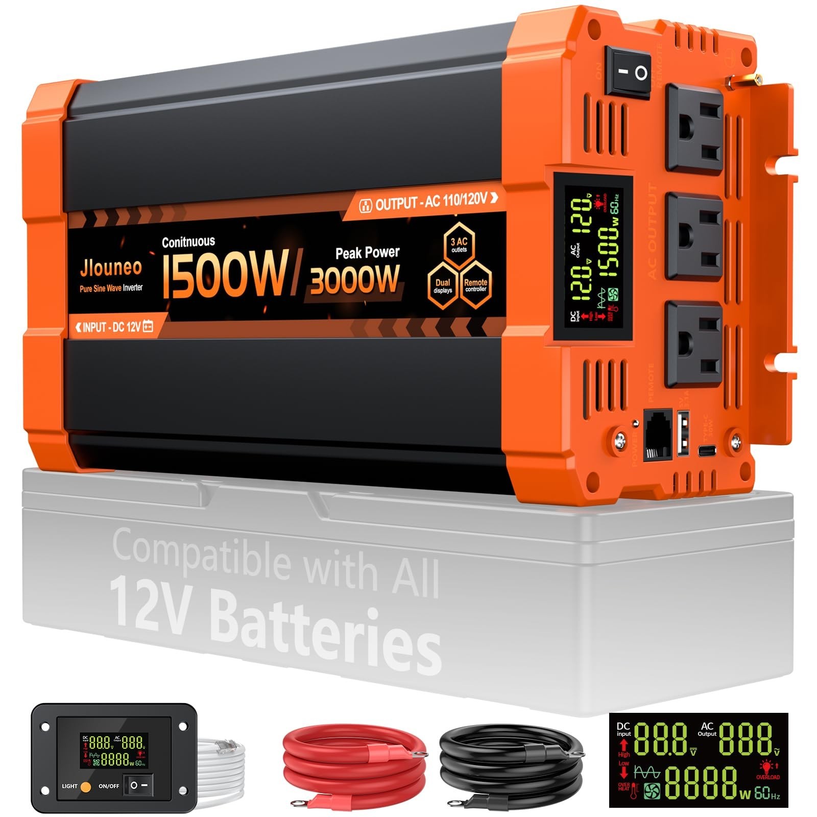 1500W Pure Sine Wave Inverter, 12V DC to 110V/120V AC Power Inverter, 3000W P…