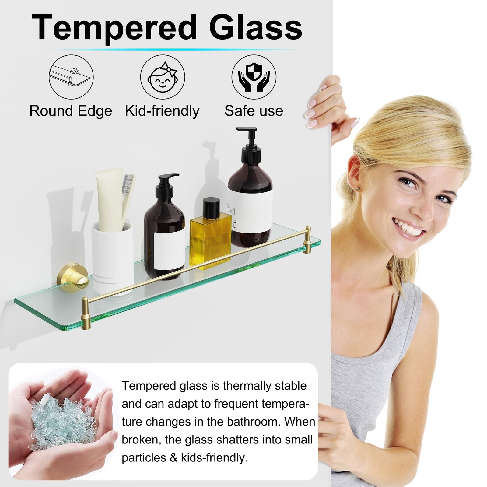 20 Inches Glass Shelves for Bathroom, Brushed Gold Floating Glass Shelf Stain…